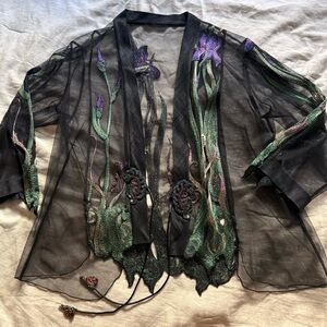 Sheer Black Kimono with Green and Purple Embroidery